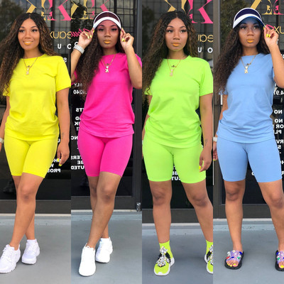 2020 Europe and America Amazon Cross border Explosive money T-shirts Solid Sleeve Sports suit Two piece set 9550#
