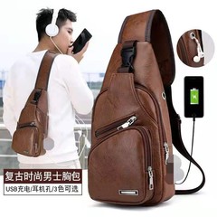 USB line chest bag men's casual cross-body bag solid color leather men's bag foreign trade new cross-border trendy bag men's style