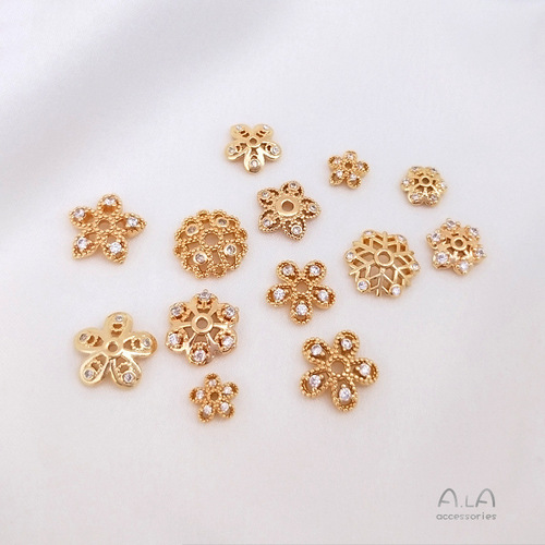 Color-preserving 14K gold-plated zircon flower tray, flashing zirconium snowflake tray, handmade diy bracelet, bracelet, beads, bead cap accessories