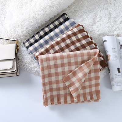 秋冬韓版簡約時尚格子圍巾短須仿羊絨披肩學生男女保暖圍脖批發