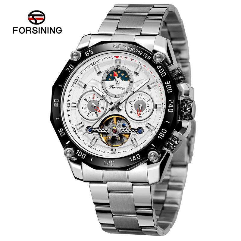 FORSINING hombres de negocios correa de acero reloj mecánico automático multifunción reloj de seis pines Placa de reloj mecánico 6913
