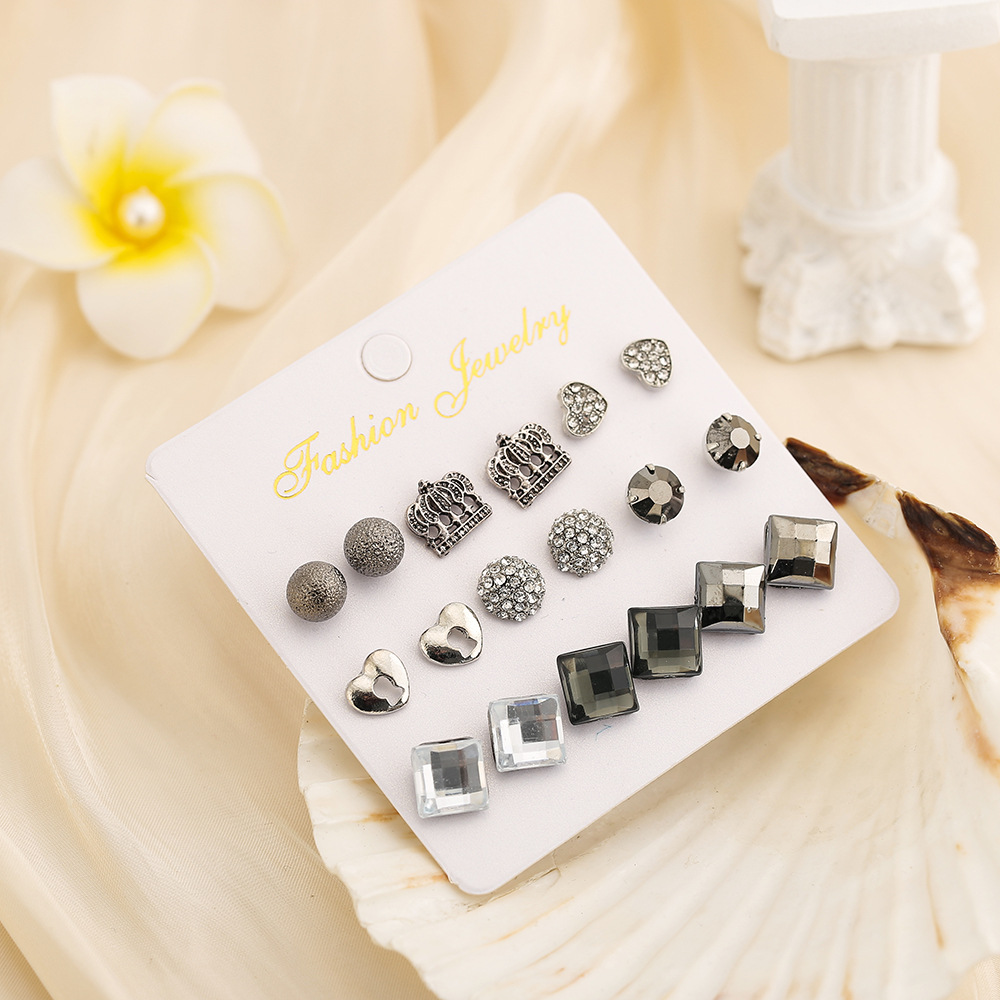 Black Square Rhinestone Earrings Retro Palace Style All-match Earrings 9 Pairs Set display picture 3