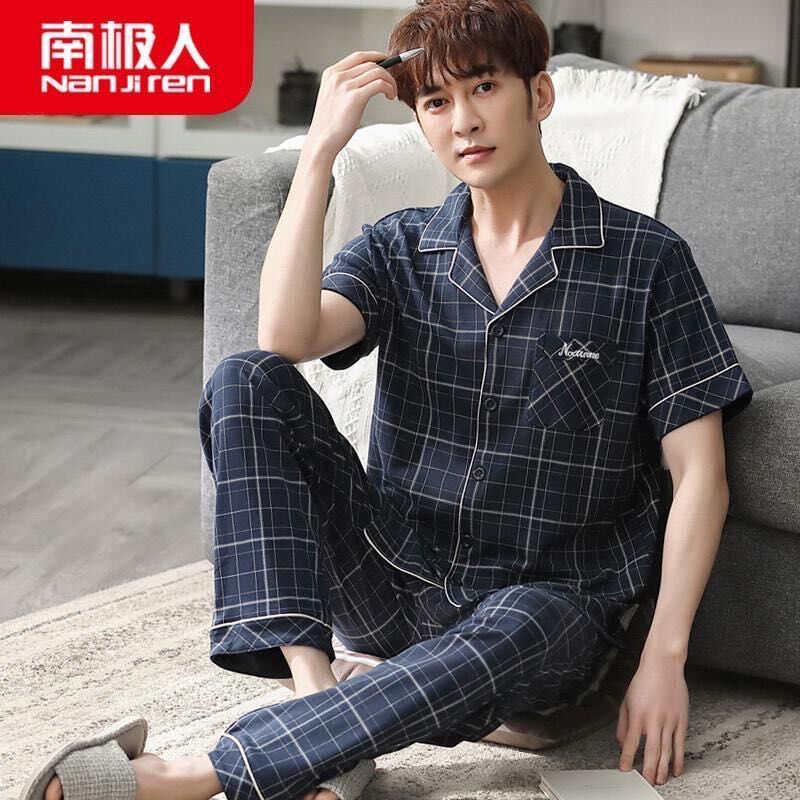 Xiangerma pijamas verano de los hombres 100% algodón pantalones de manga corta cardigan delgada juventud primavera y verano casual más tamaño