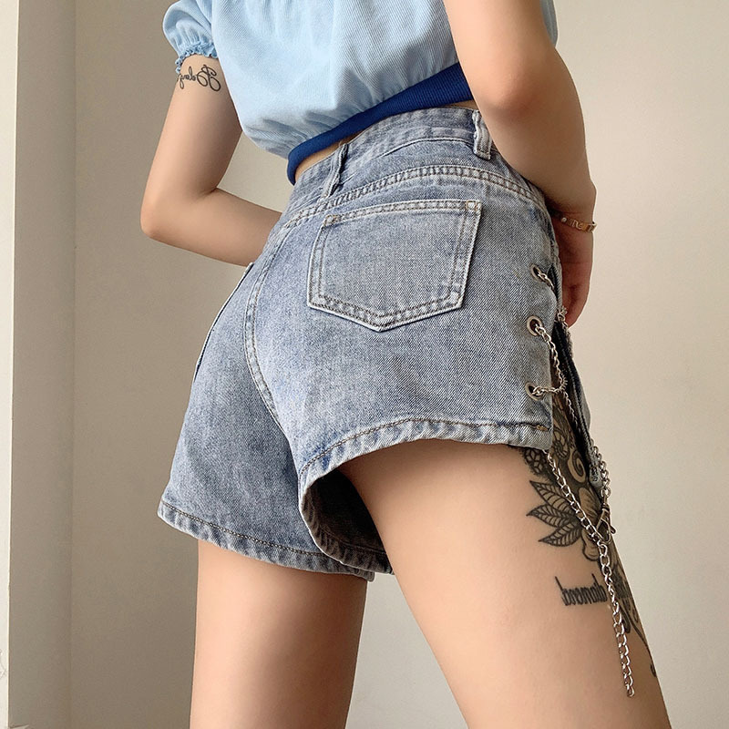 2020 Summer new arrival sexy Casual jeans for women fashion Hollow Out chain design high waist leg length wild Solid color pants