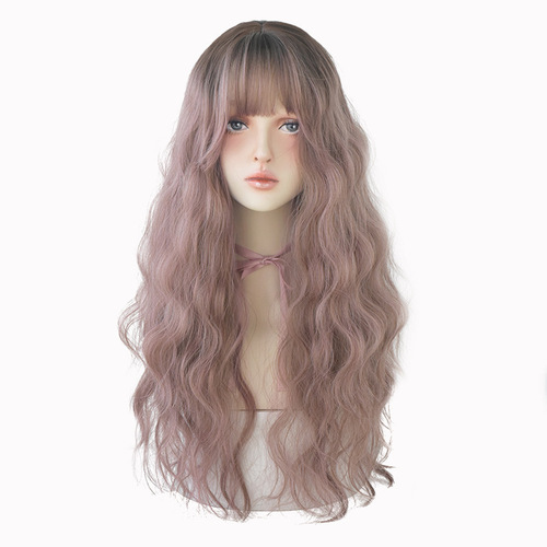 Whole Head Wig Set with Long Curly Han Version Wooly Curls, Airy Bangs, and Corn Waves - Wholesale Human Hair Wig