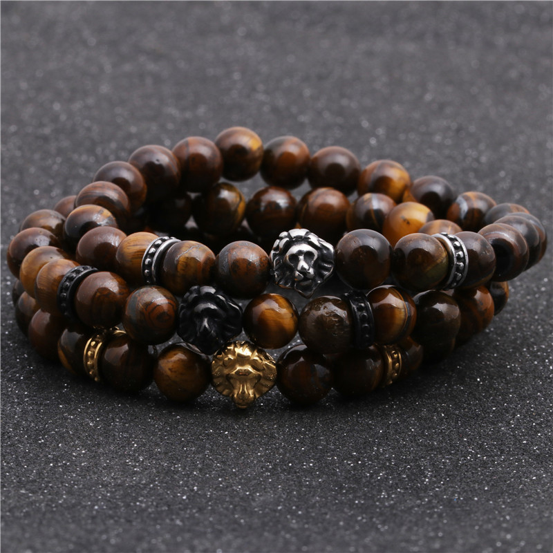 Fashion Stainless Steel Lion Head Bracelet Tiger&#39;s Eye Beaded Male Bracelet display picture 4