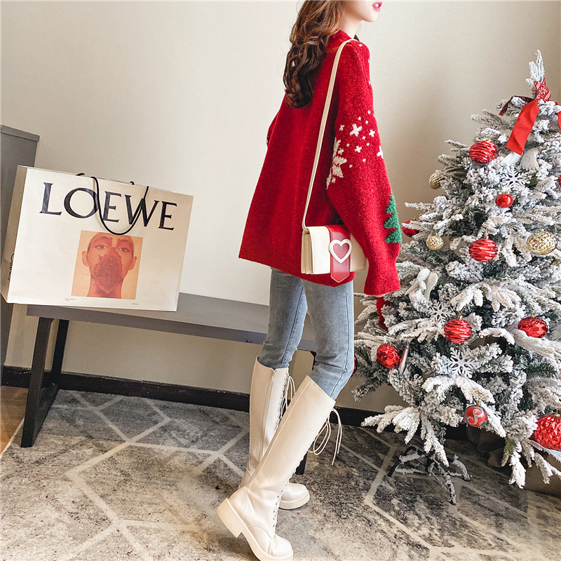 Suéter Navideño Rojo Grueso para Mujer, Jersey, Otoño-Invierno 2024, Nuevo Estilo Moderno, Súper Popular, Holgado y Casual