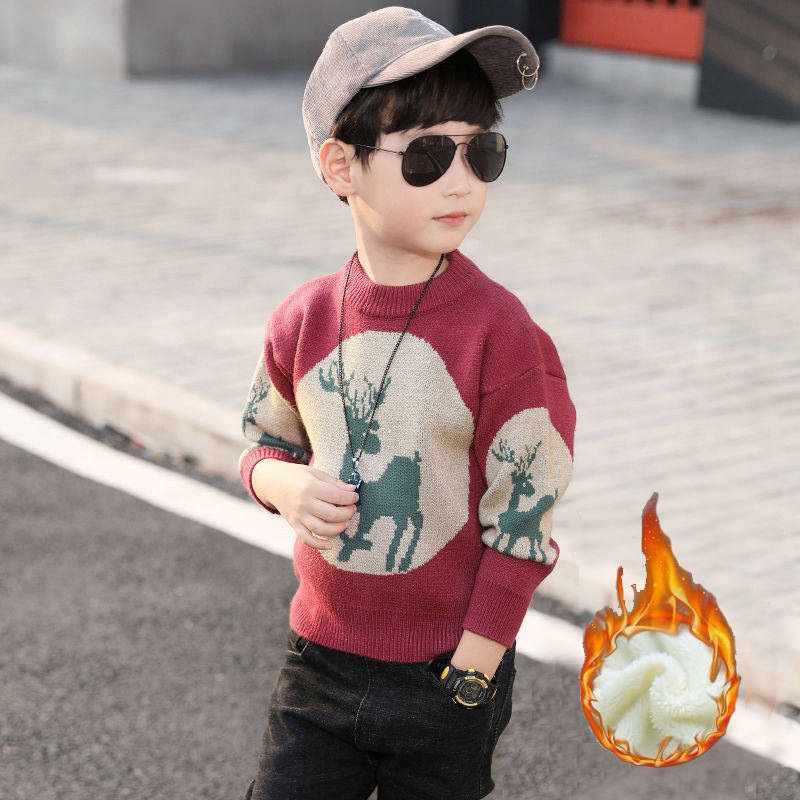 2020 Autumn and winter new pattern children sweater Plush Cartoon comic Fawn Boy Korean Edition cotton material keep warm Sweater