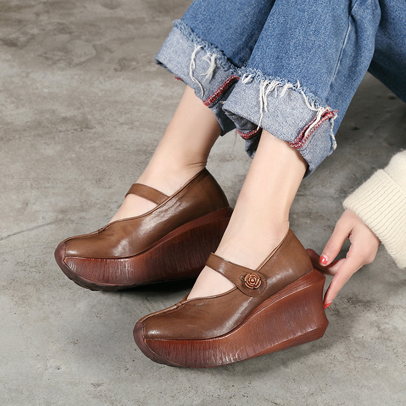 厂家2020年春秋夏新款真皮厚底坡跟鞋 复古增高松糕鞋女鞋批发|ru