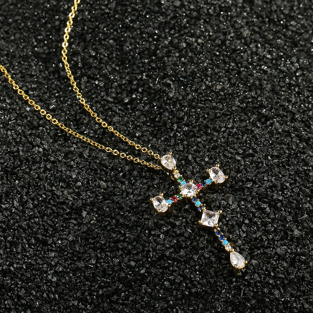 copper micro-inlaid zircon cross necklace