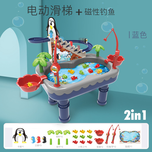 Penguin climbing stairs magnetic fishing toy pool set children's electric little penguin slide baby boy and girl gift