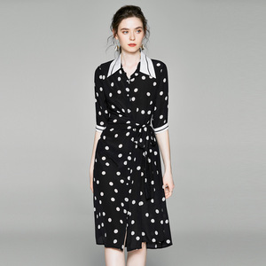 New women’s polka dot printed silk dress with collar，middle sleeve and thin dress