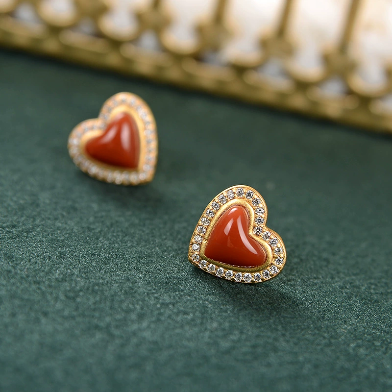 Ювелирное серебро Agate ретро классические маленькие серьги в форме сердца, образец 925 пробы
