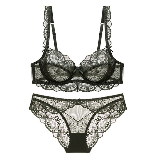 European and American thin sponge-free transparent large breasts showing small lace bra women's sexy underwear bra set