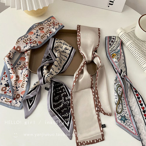 Korean Dongdaemun slender narrow silk scarf retro French floating scarf tied with ribbon scheming printed headband for women