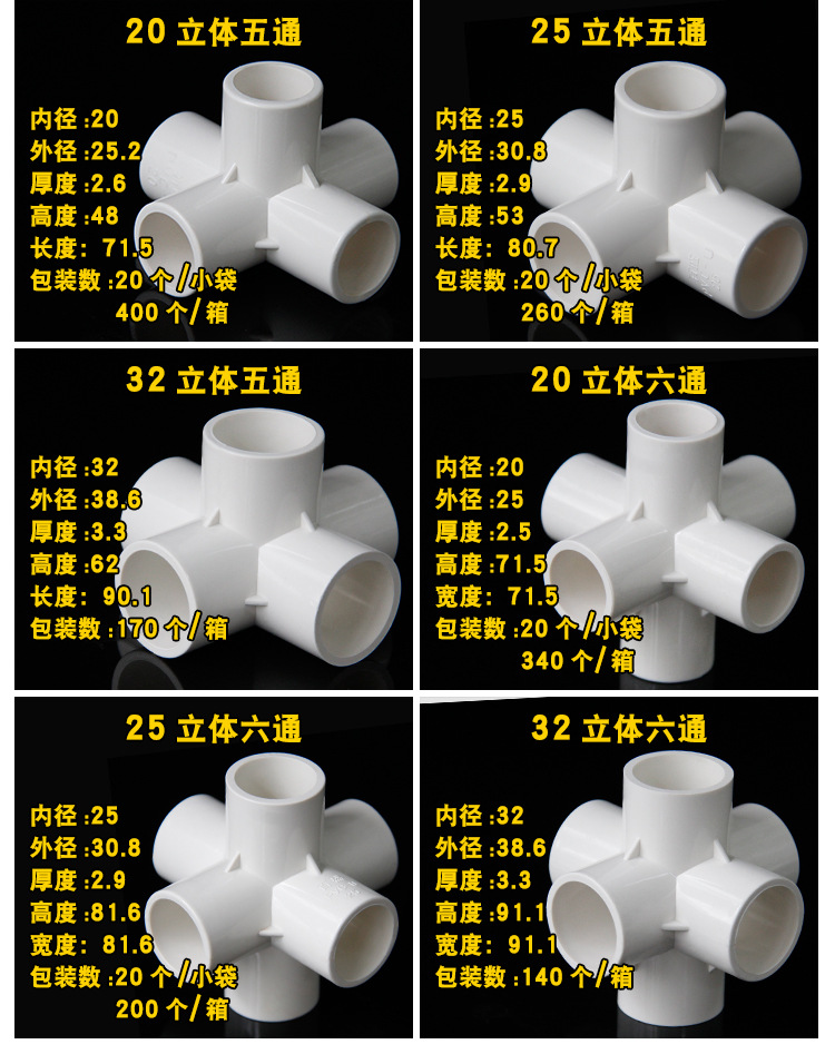 PVC立体三通四通五通六通90度直角架子接头给水管 20 25 32 40 50-阿里巴巴