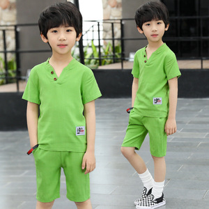 断码清仓男童套装纯色Ｖ领棉麻套装TZ18-054