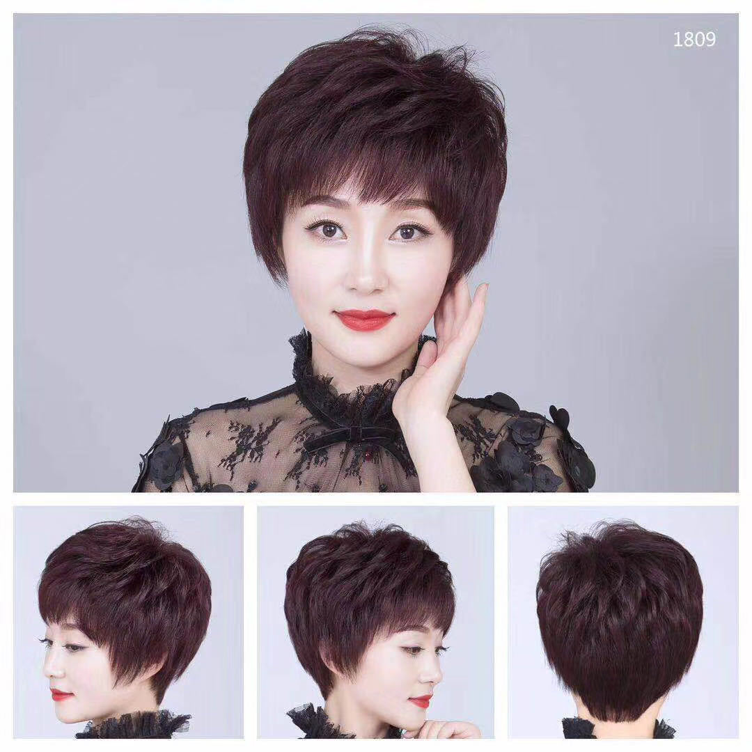 Pelucas diarias para el cabello real, cubiertas completas para damas, pelucas de moda de mediana edad y ancianos, cabello corto, cabello real, transpirable y ligero