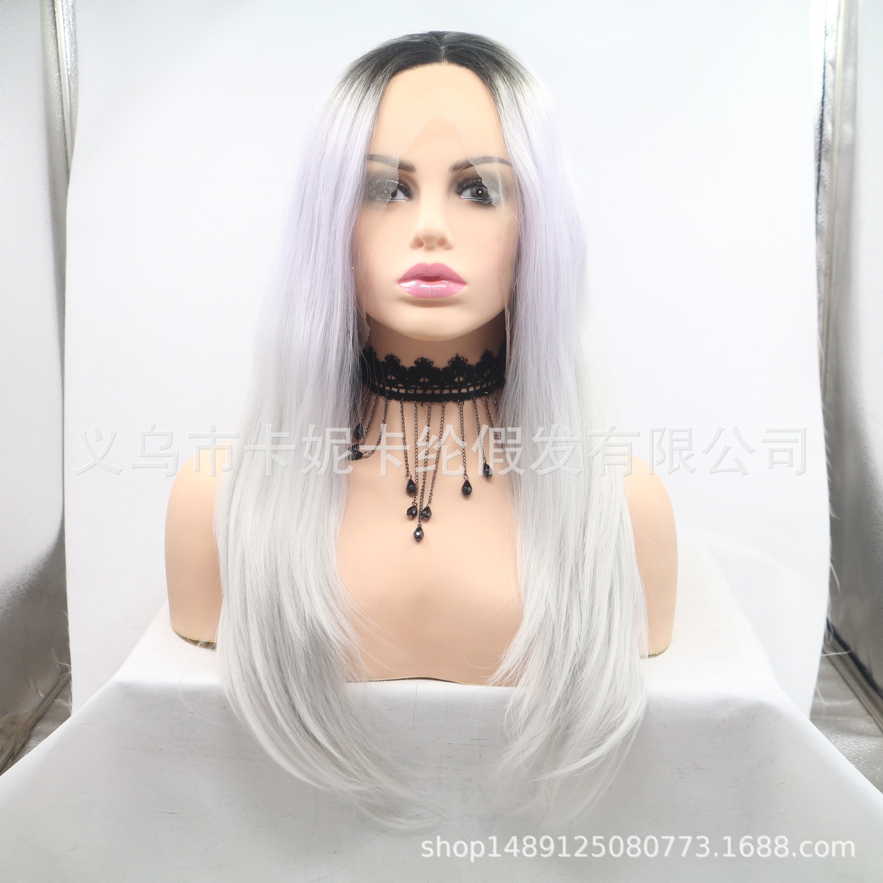 Moda europea y americana, pelo liso de longitud media, peluca de fibra química, tocado femenino, spot al por mayor