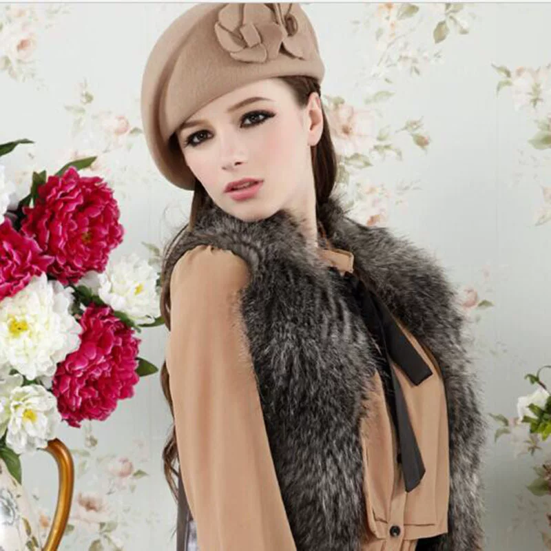 Winter woolen beret, hat, flowered, wholesale