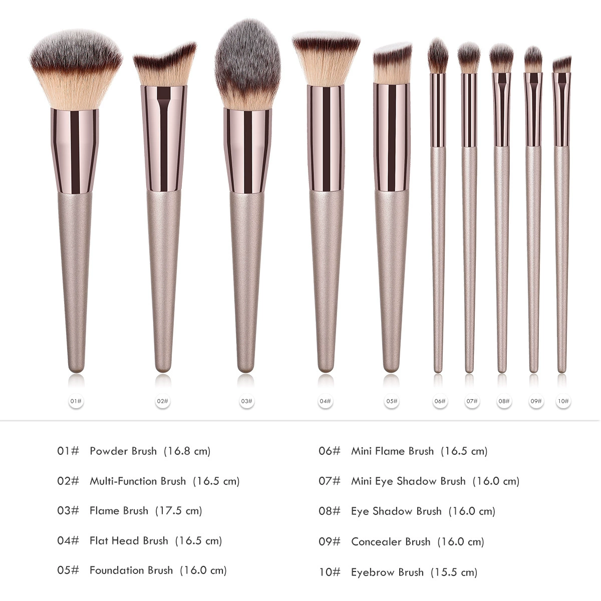 Makeup Brush Set (Nongying) — 10-piece champagne gold handles, wood/aluminum ferrule, synthetic bristles