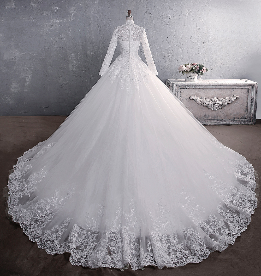 New Bride Standing Collar Long Sleeve Standing Collar Large Tailed Muslim Wedding Dress