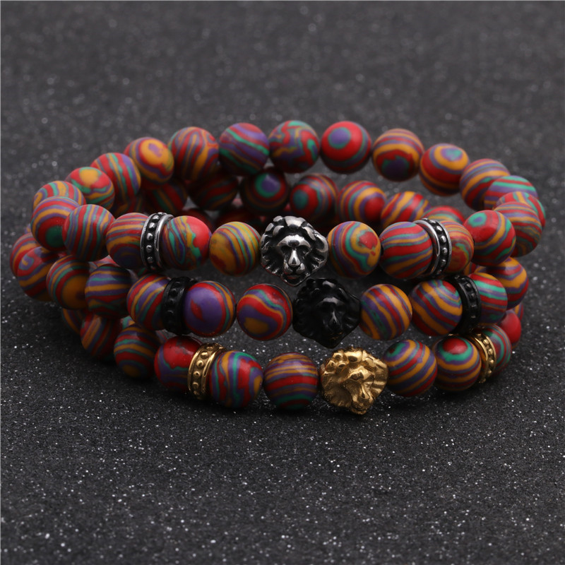 Fashion Stainless Steel Lion Head Bracelet Colorful Malachite Beaded Men&#39;s Bracelet display picture 3