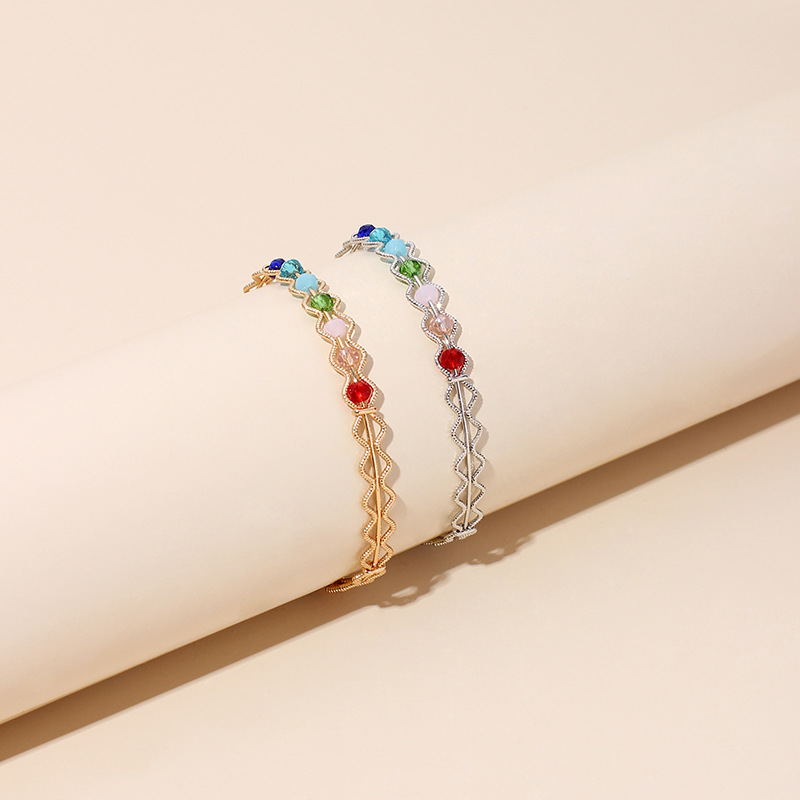 Colored Crystal Bead Gold Open Bracelet New Hollow Adjustable Bracelet Wholesale Nihaojewelry display picture 12