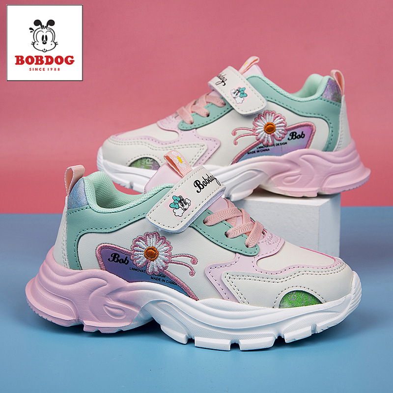 巴布豆童鞋女冬季保暖新款皮面防水公主儿童中大童学生运动鞋女孩