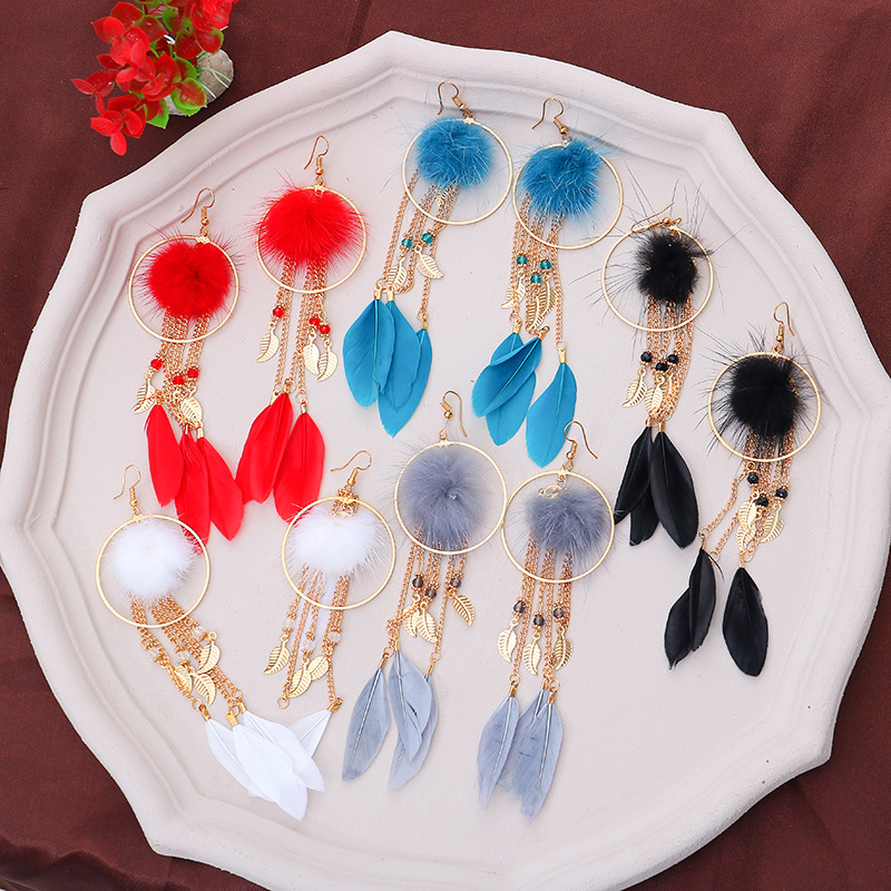 Fashion Three-dimensional Hairball Feather Long Tassel Drop Earrings Wholesale display picture 1