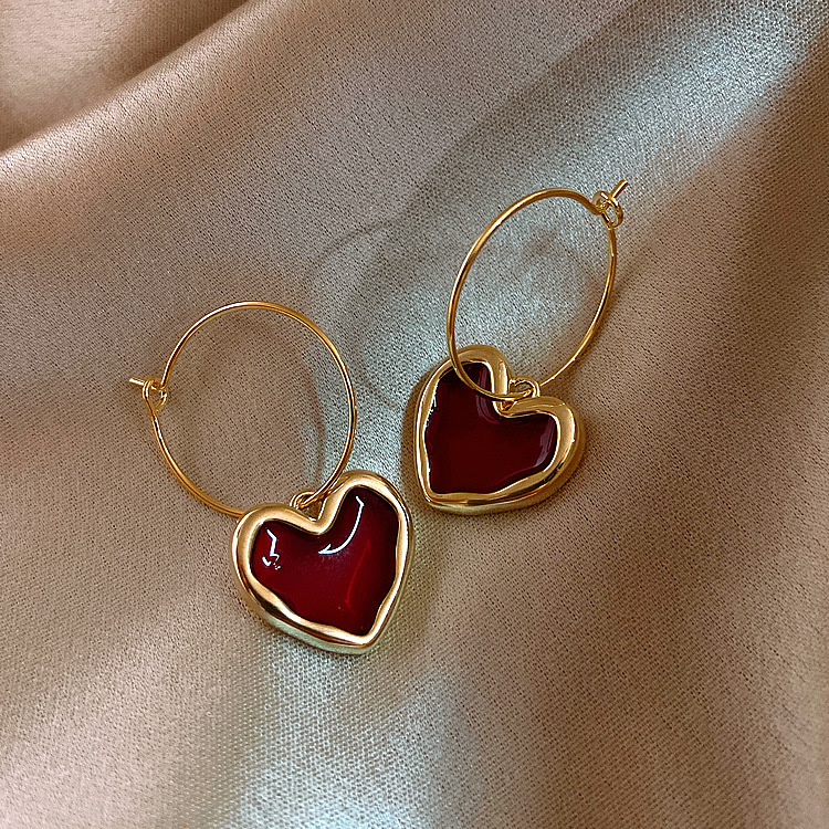 New Trendy Wine Red Love Earrings display picture 2