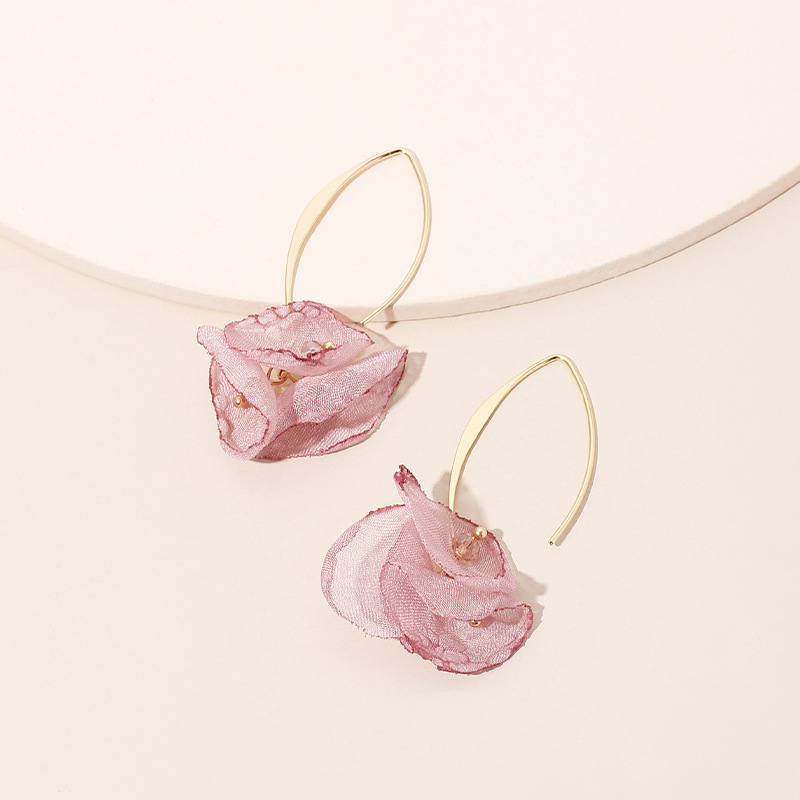 4g Weight Earrings Classification Housewarming, Anniversary, Business, Wedding, Travel, Birthday, Festival Occasion Alloy Material Flower Pattern Women'S Gender Sweet Style Rose Red, White, Beige, Pink, Red, Green, Blue, Yellow, Black Color Korean Summer New Lace Mesh Flower Earrings Color Petal Earrings Wholesale Nihaojewelry 2