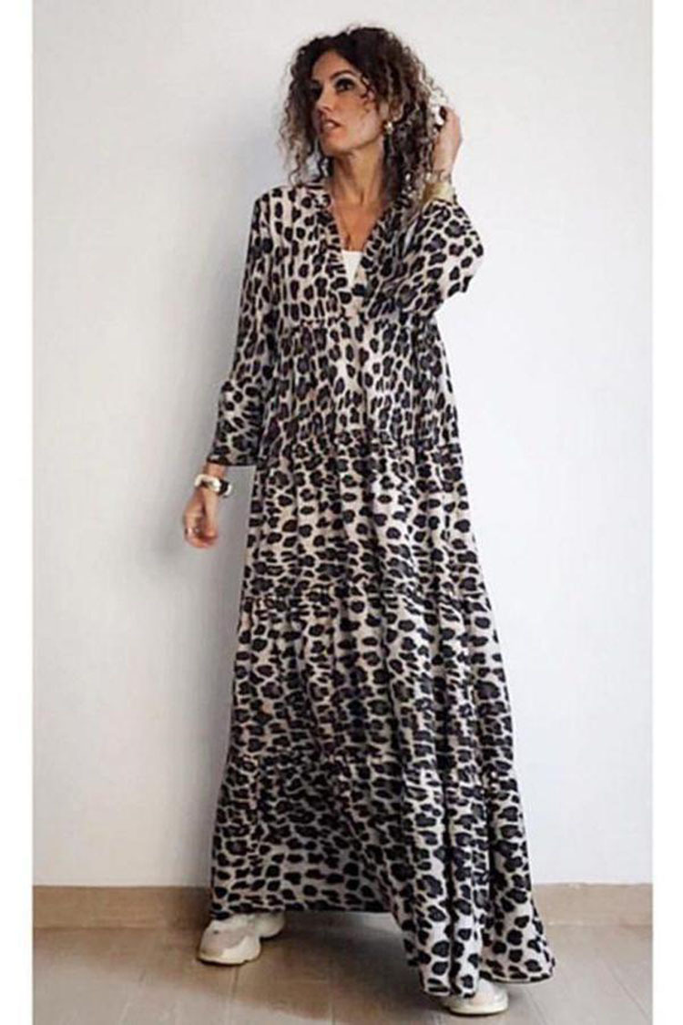 Rochie lungă boho cu imprimeu leopard pentru femei primăvară_voghion.com