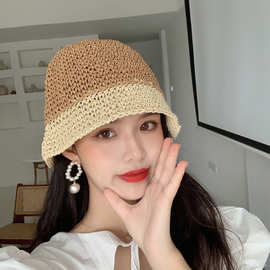 拼色草帽女小清新防晒遮阳帽子小檐渔夫帽遮脸水桶帽小沿夏季韩版