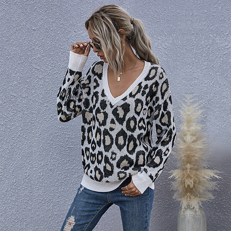 Leopard print v-hals stil strikket sweater trøje_voghion.com