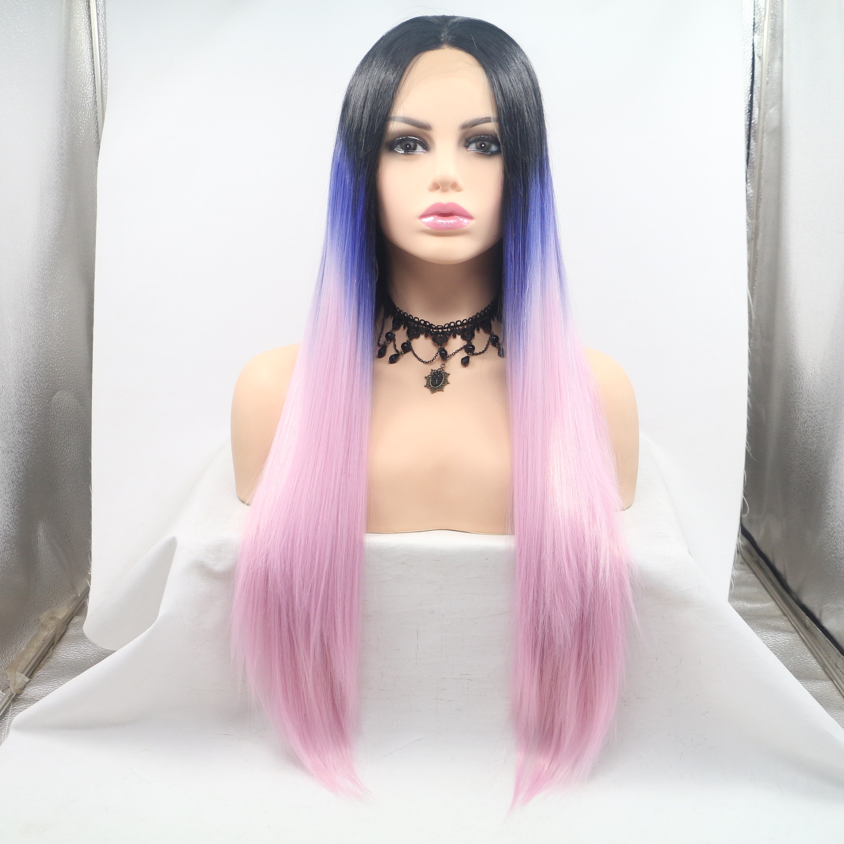 Comercio exterior Moda europea y americana Peluca de fibra química Púrpura degradado rosa pelo largo rizado filamento de alta temperatura tocado de seda al por mayor