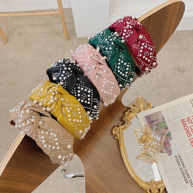 Hot Selling Fashion Pure Color Hair Bundle Knotted Fabric Beaded Headband display picture 7