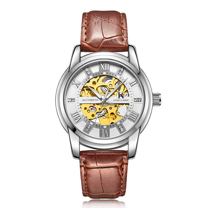Ogulas AOKULASIC reloj mecánico automático para hombres hollow-out transparent flywheel Belt reloj 5066