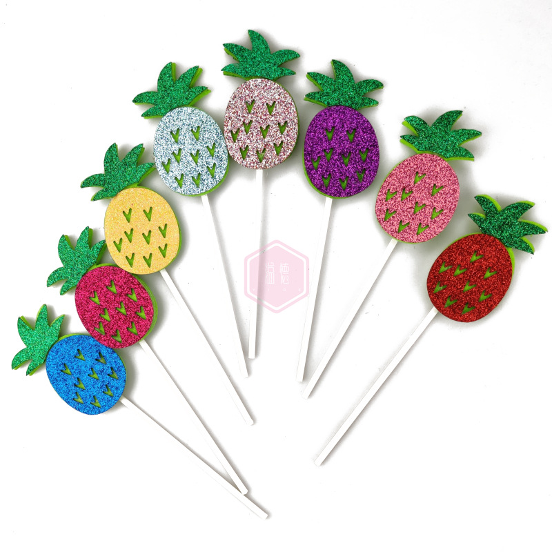 大號閃亮菠蘿蛋糕插件 金蔥烘焙甜品裝飾配件夏日風情蛋糕插旗