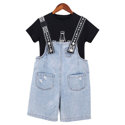 Girls Suit Summer Fashion Korean Printed Short Sleeve T-Shirt Denim Overalls Shorts Two-piece Set  Children's Clothing