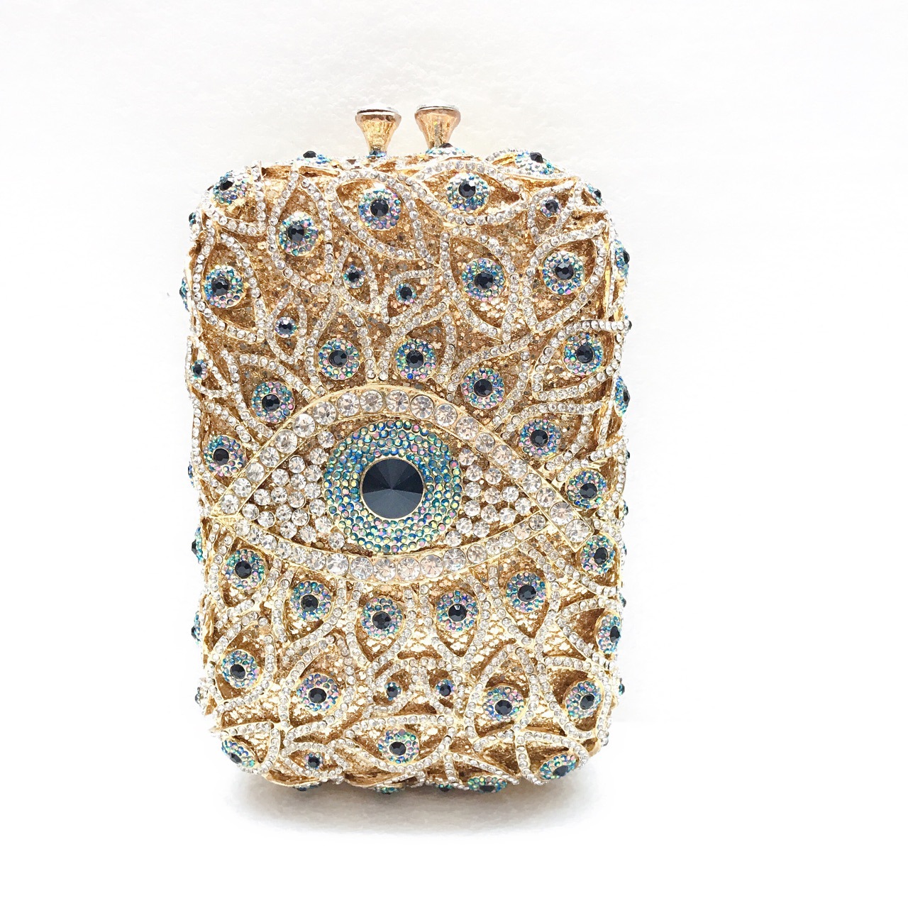 Túi clutch dạ hội đính đá pha lê kim loại rỗng kiểu dọc — Màu xanh lam, Vàng/Xanh đậm AB mắt, Màu bạc, Vàng/Con công xanh AB mắt chi tiết 11