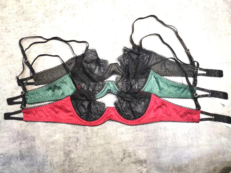 Wriufred Sexy Lace Satin Push Up Bra and Briefs Set Perspective Sexy Lingerie Set Three-piece Bralette Set Ladies Underwear