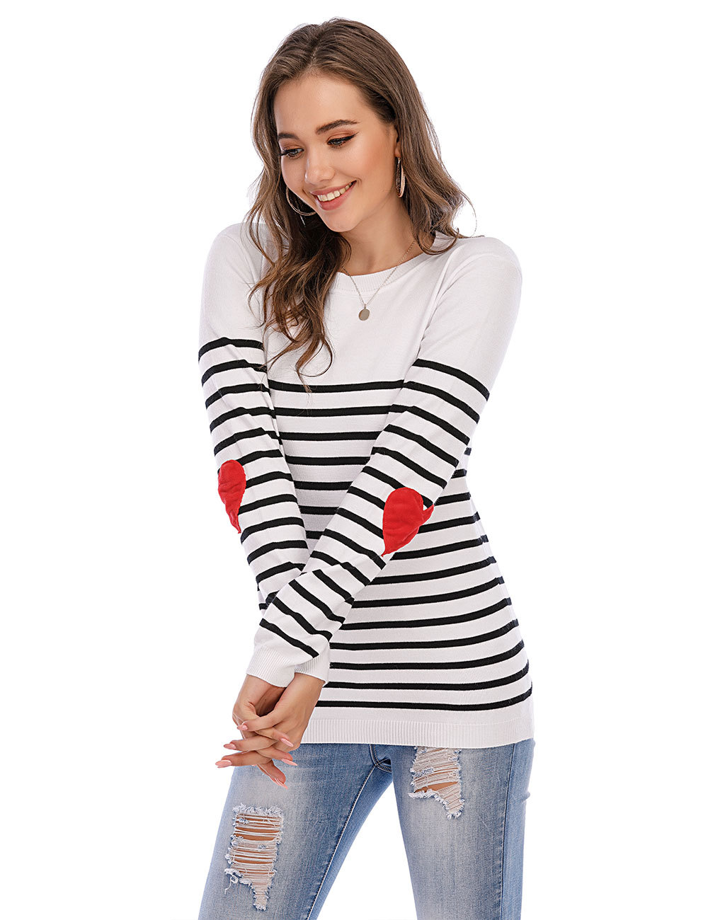 Women Autumn and Winter  Sweater Elbow Love Loose Bottoming Shirt Striped Crew Neck Pullover Sweater Knitted Women in Sweaters