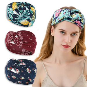 Wide-brimmed floral cross headband for women girls bohemian print knitted dance practice headband sweat-absorbent headscarf Sports yoga turban