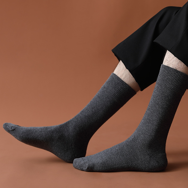 秋冬新款男士纯色棉质袜半拉毛中筒袜加厚休闲中筒男袜保暖毛圈袜