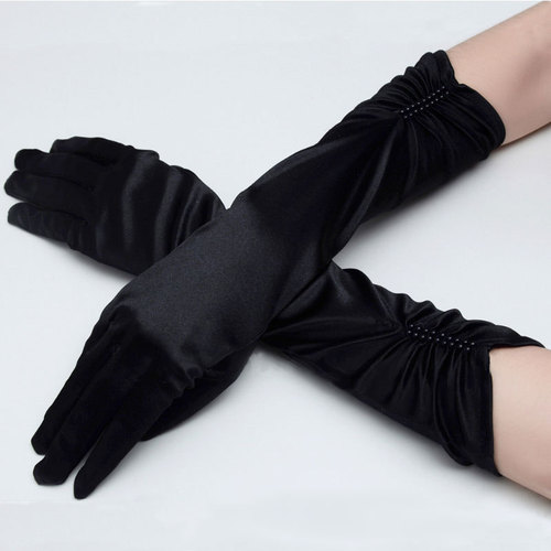 Bridal Wedding Decorative Gloves with Finger Double Row Sewing Beaded Stretch Satin Dress Gloves Sun Protection Performance Sleeves