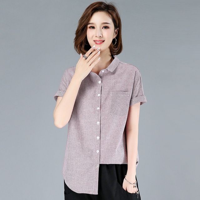 Women’s shirt summer fashion Korean style commuter loose polo collar short sleeve Stripe Shirt