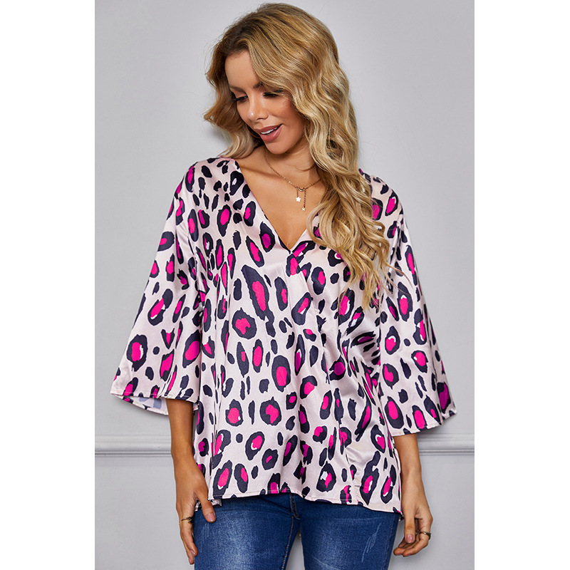 leopard print loose V-neck t-shirt  NSSA25943