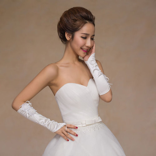 Long Hook Finger Double Chrysanthemum Stretch Satin Hand Sleeve Bridal Wedding Dress Gloves Wedding Style Decorative Flower Gloves