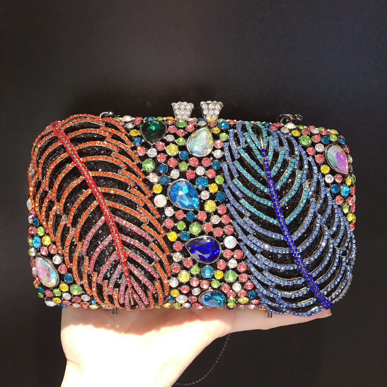 Túi clutch dạ tiệc nữ đính đá rhinestone lông vũ kim loại — Cá tính đặt làm